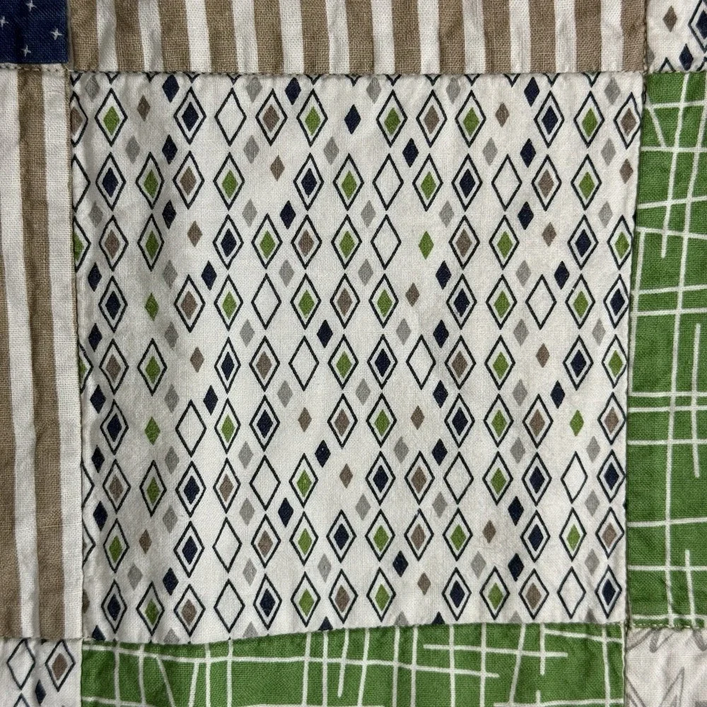 Handmade Baby Boy Blanket Quilt 51 x 51 Khaki Satin Trim Navy Minky Dot Back